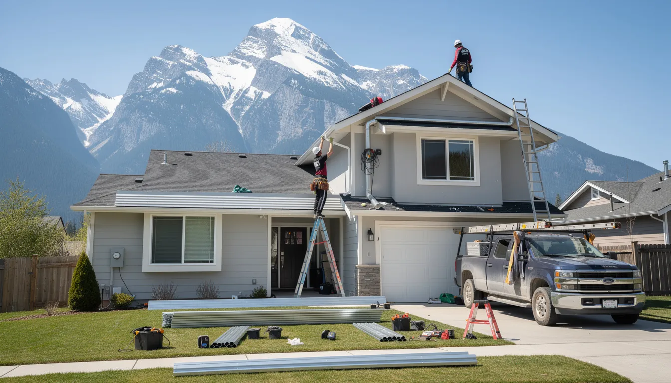 A gutter installation crew is seen working on a residential roof, installing a well-functioning gutter system against a picturesque mountain backdrop. The professionals are focused on ensuring efficient gutter installation to prevent water damage and manage debris buildup effectively.