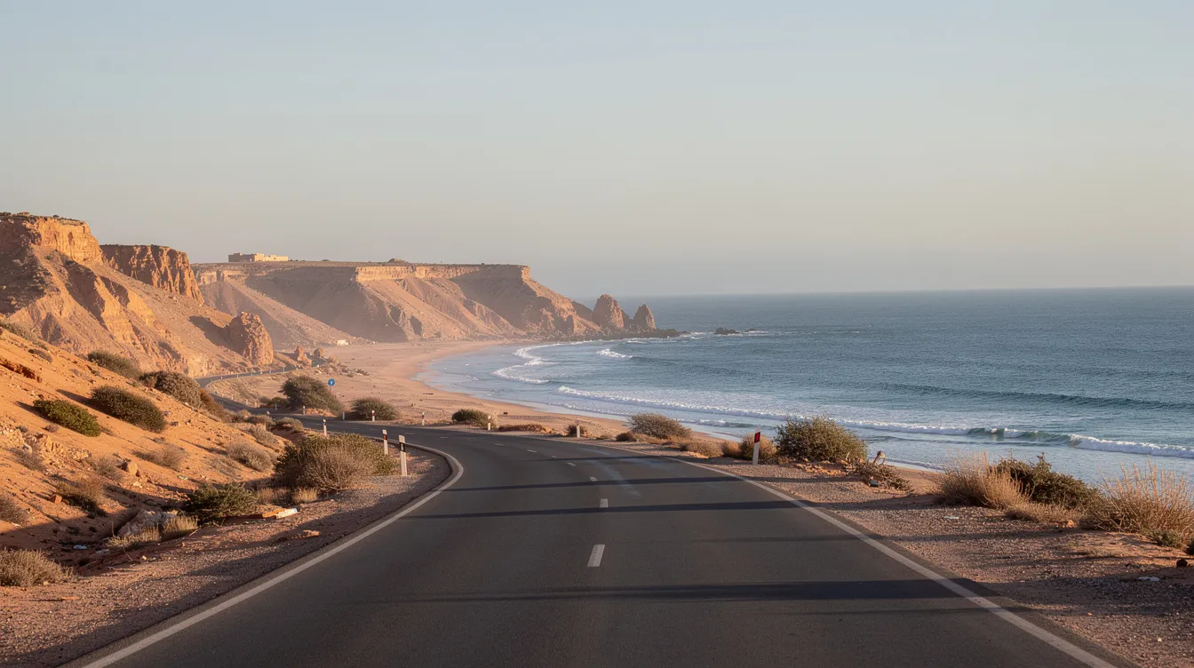 Une route côtière marocaine tranquille avec un léger virage et une vue sur l'océan.