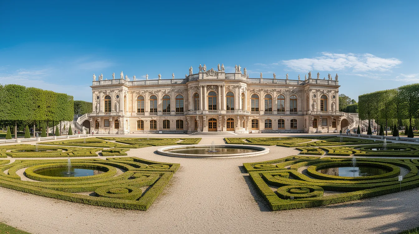A imagem mostra uma vista panorâmica de um majestoso palácio barroco cercado por jardins geométricos, sob um céu azul claro. Este palácio, que é um importante ponto turístico de Varsóvia, reflete a rica história e a arquitetura europeia da Polônia.