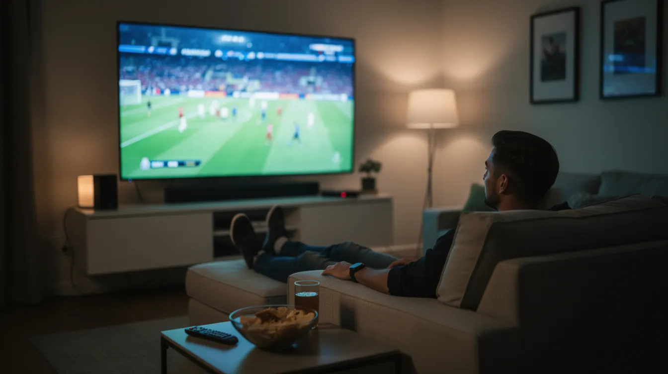 A person is lounging on a cozy couch, engrossed in a football match displayed on a large smart TV in a dimly lit room, showcasing the excitement of live sports. The scene captures the essence of relaxation and entertainment, ideal for sports fans enjoying their favorite teams through an IPTV service.