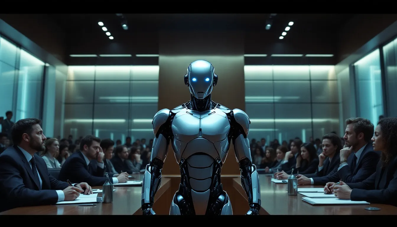 In de rechtszaal staat een robot als beklaagde, omringd door menselijke advocaten die pleiten over de aansprakelijkheid van kunstmatige intelligentie. Dit beeld roept vragen op over de juridische verantwoordelijkheden en de impact van nieuwe technologieÃ«n op de huidige wetgeving, zoals de richtlijn productaansprakelijkheid.