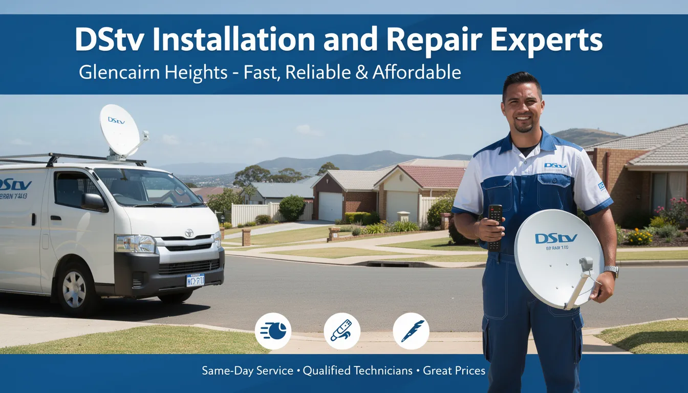The image features a team of professional DStv installers in Glencairn Heights, showcasing their expertise in satellite dish installation and decoder setup. They are equipped with tools, ensuring reliable and affordable DStv installation services for a clear reception and strong signal.