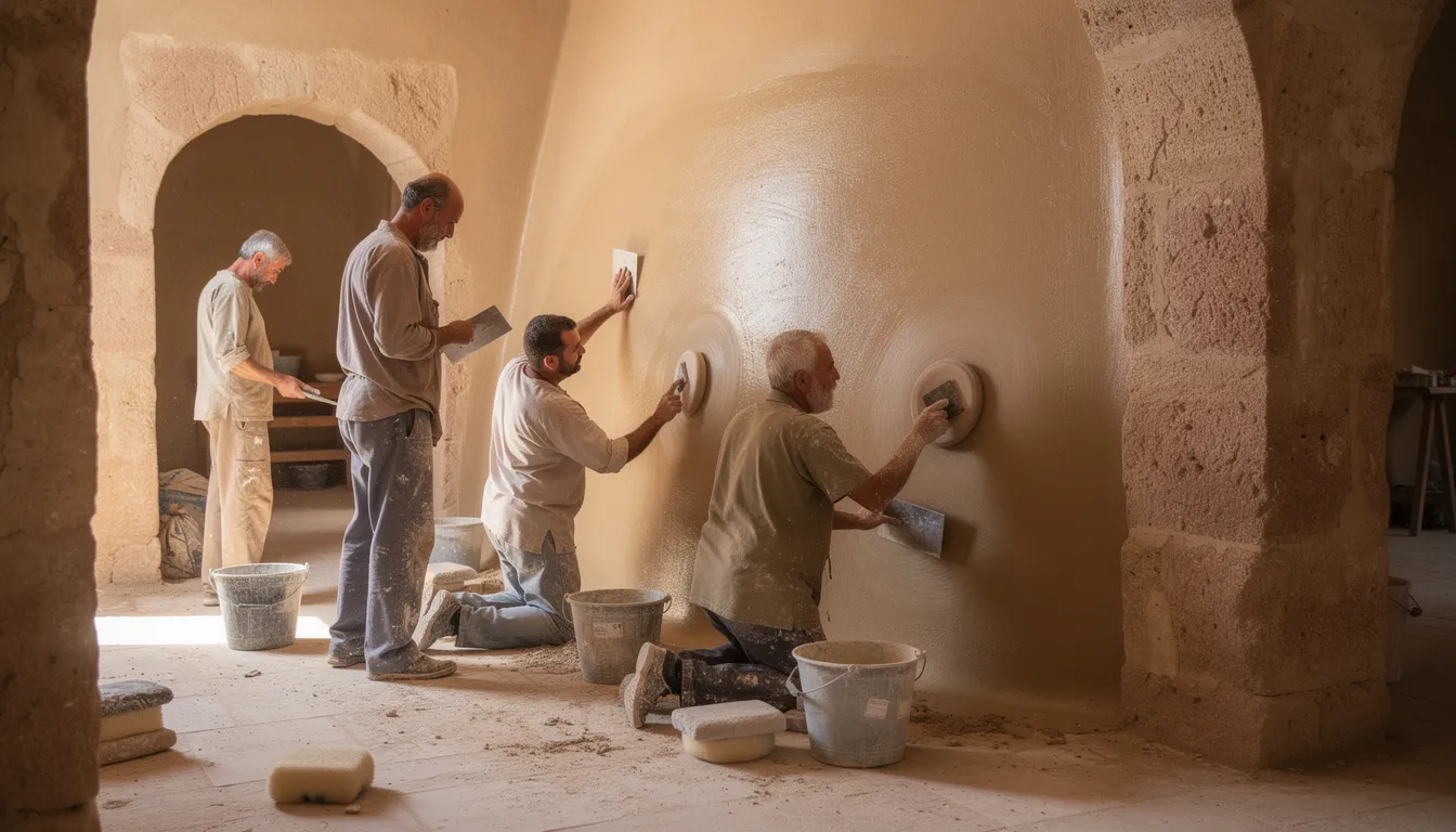 The image depicts traditional craftsmen applying tadelakt plaster using ancient techniques alongside modern tools, showcasing the rich artistry of Moroccan craftsmanship. This restoration work highlights the intricate details and cultural heritage found in traditional Moroccan riads, emphasizing the unique charm of Moroccan architecture.