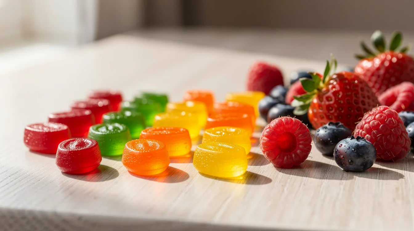 The image features a vibrant assortment of gummy supplements, including auri mushroom gummies, arranged neatly on a light wooden surface, accompanied by fresh berries. These colorful gummies, designed for gut health and cognitive function, promise an excellent taste and health benefits, making them a delightful addition to any wellness routine.