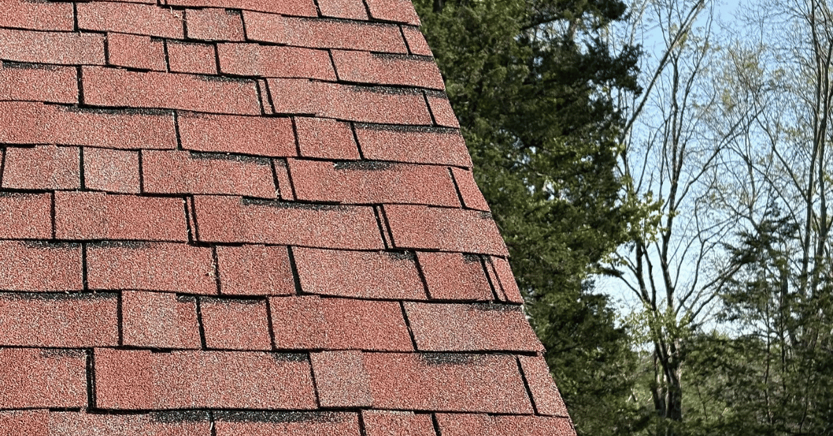 Close-up of red asphalt shingles showing curling, lifting edges, and heat damage from prolonged sun exposure in Middle Tennessee.         Ask ChatGPT