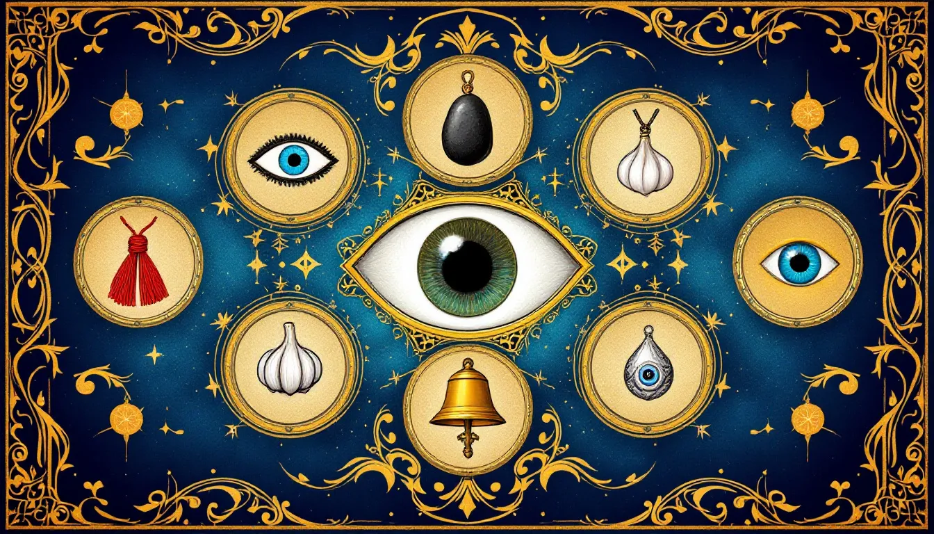 The image illustrates various evil eye protection methods, showcasing a collection of protective talismans, including evil eye necklaces and bracelets, believed to ward off negative energy and bad intentions. These powerful symbols, rooted in many cultures such as ancient Greece and the Mediterranean region, serve as a shield against the evil gaze and bring good fortune to the wearer.