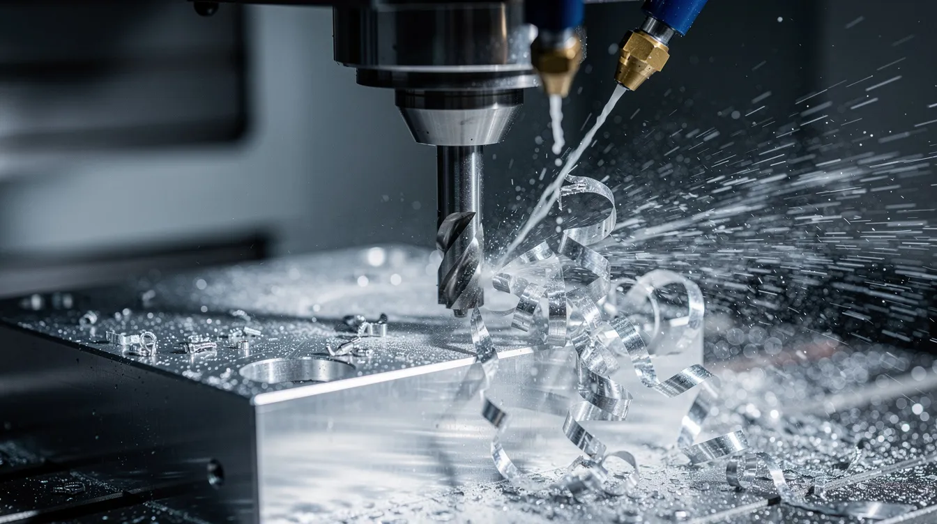 A close-up view of a CNC milling machine is shown, actively cutting an aluminum workpiece while a coolant spray is applied to maintain temperature and enhance precision. This image highlights the importance of CNC machining in producing custom parts with high precision and consistent quality for various manufacturing processes.