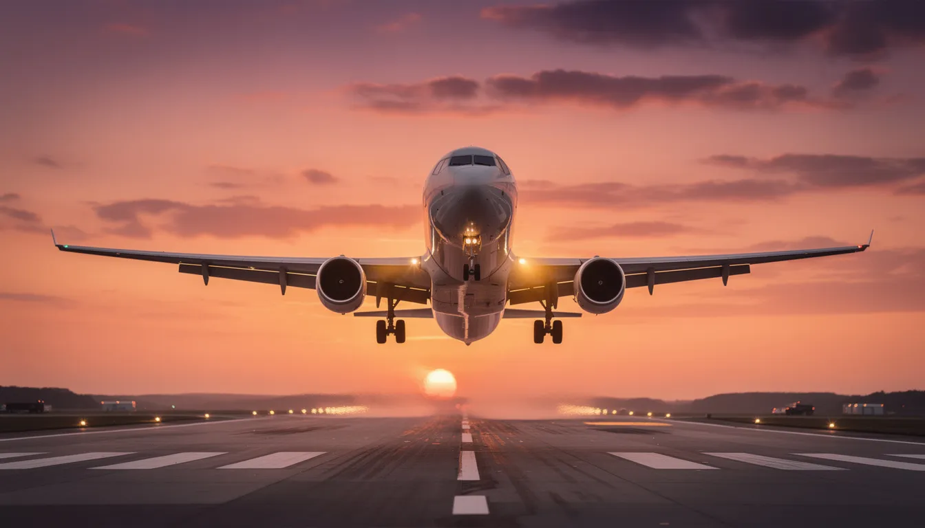 An airplane is taking off against a vibrant sunset, casting an orange and pink glow in the sky, symbolizing the start of a journey. This image captures the essence of global logistics and air express freight, reminiscent of yanwen's shipping services that facilitate international deliveries.