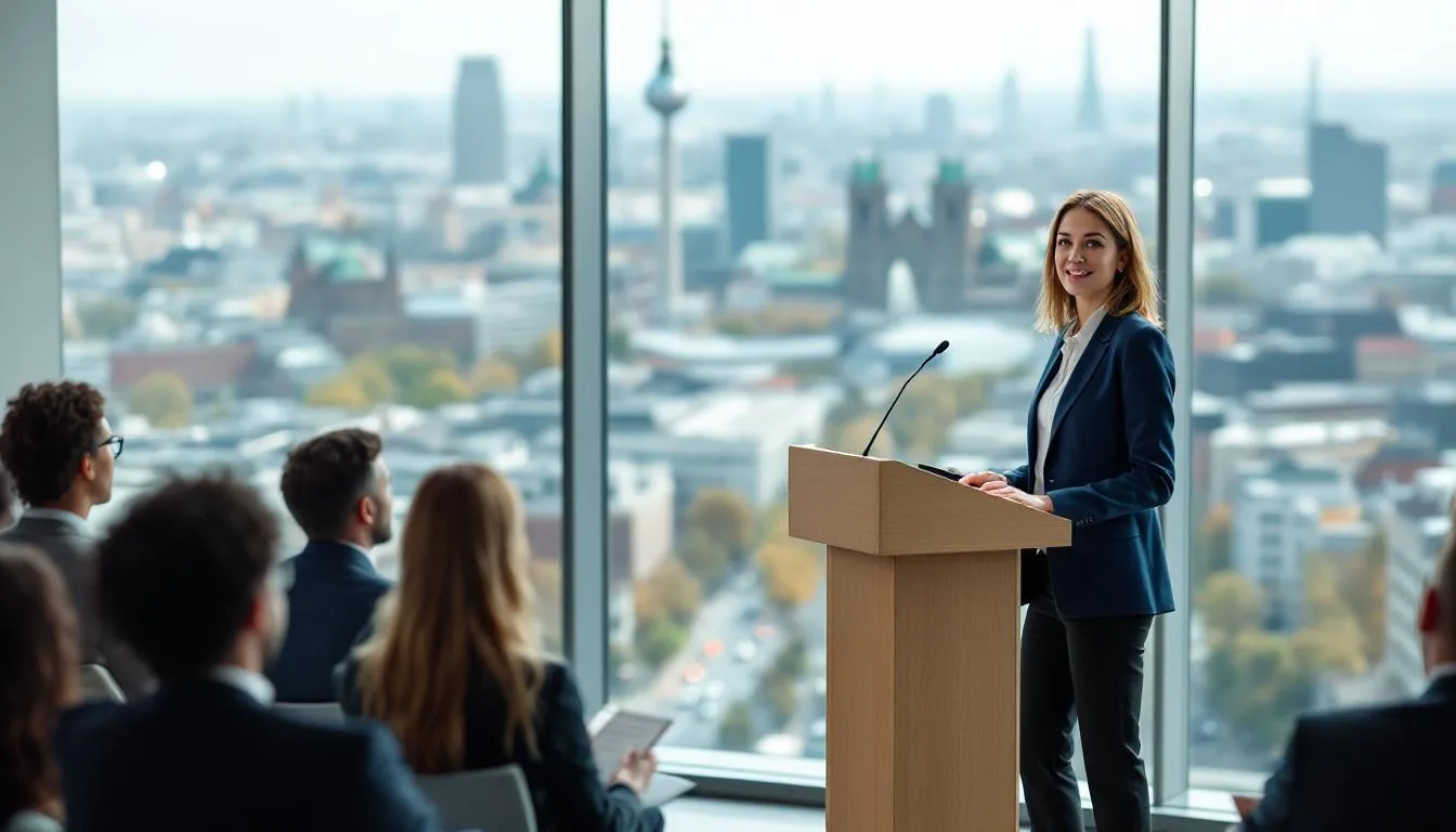 In the image, aschema therapist with extensive experience in schema focused therapy is giving a presentation to a diverse audience of professionals, with a panoramic view of Berlin in the background. The scene showcases her engaging with the audience about topics such as schema therapy and its effectiveness in treating personality disorders, emphasizing the importance of therapeutic relationships in mental health.