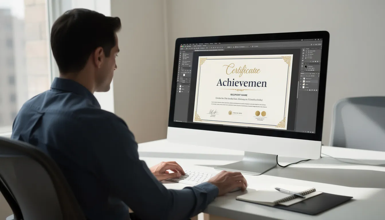 A person is seated at a desk, focused on a computer screen displaying a vibrant design software interface showing a customizable diploma template. The layout features elements for a graduation certificate, allowing for personalization with logos and text, ideal for schools and small businesses looking to create professional certificates.