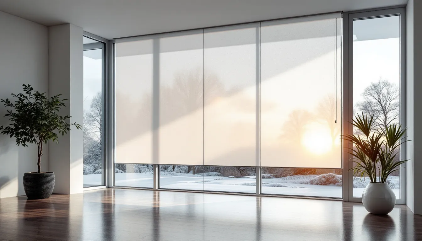 Energy-efficient window blinds controlling sunlight in a room.