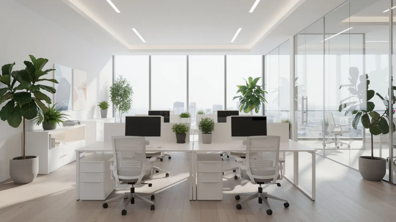 The image depicts a clean and bright modern office environment adorned with healthy plants, emphasizing a commitment to hygiene and cleanliness. This space reflects the highest standards of commercial cleaning services, ensuring a professional and welcoming atmosphere for employees and clients alike.