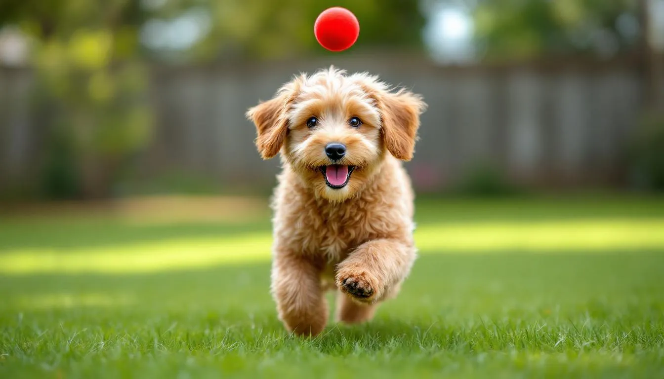 In a sunny backyard, a playful mini Goldendoodle puppy is enthusiastically fetching a ball, showcasing the importance of regular exercise for healthy development. This miniature Goldendoodle