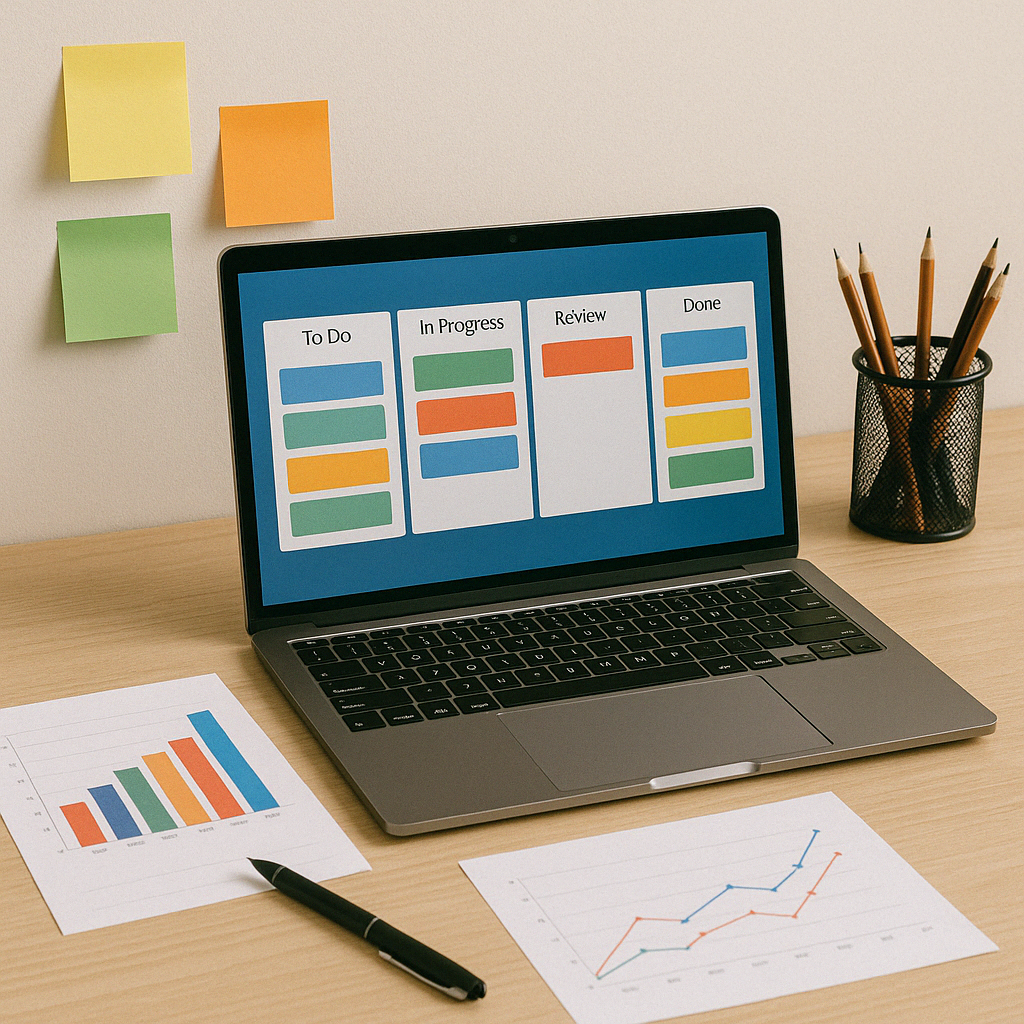 Laptop displays a Kanban board next to printed charts and sticky notes, showcasing project management apps, desktop apps, track time data, and popular tools.