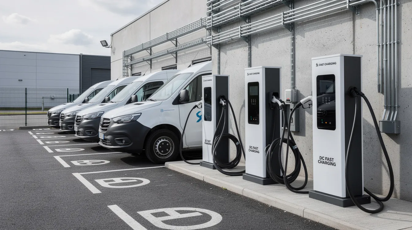 The image shows a row of commercial DC fast charging stations at a fleet depot, with visible electrical conduits indicating the installation of electric vehicle supply equipment (EVSE). This infrastructure is crucial for supporting the electric vehicle market and requires skilled electricians who are often trained through the EVITP program to ensure compliance with industry standards.