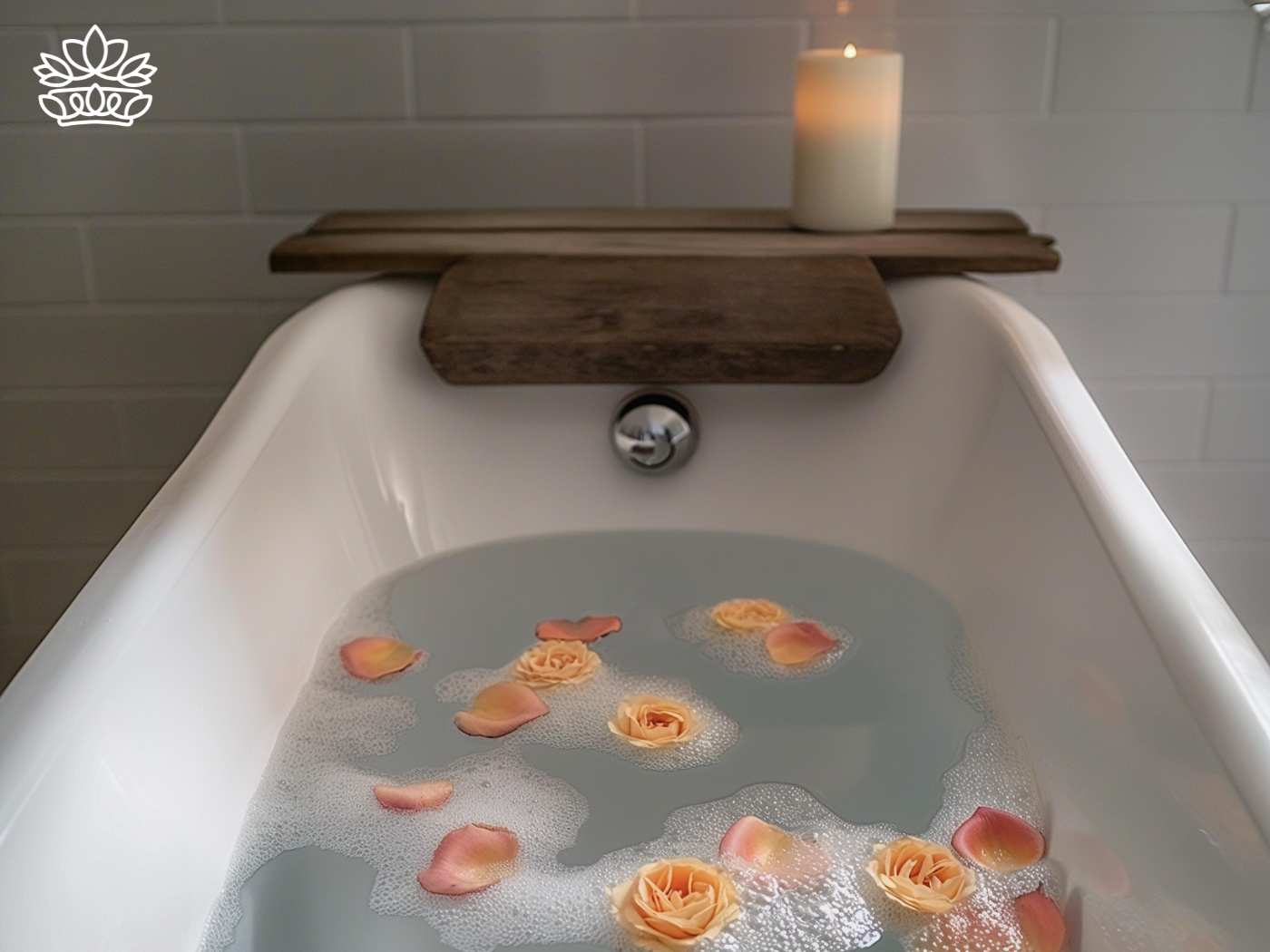 A peaceful bath setting with a rustic wooden bath caddy, a lit candle creating a calming ambiance, and floating peach rose petals, a signature relaxation experience by Fabulous Flowers and Gifts.