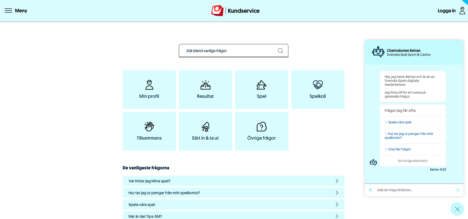 Kundservice hos Svenska Spel Sport & Casino med hjälp för frågor om spel, resultat, spelkonto, insättningar och uttag. Support via FAQ och chattboten Bettan på webbplatsen, 18 år gäller och stöd finns via Spelkoll.