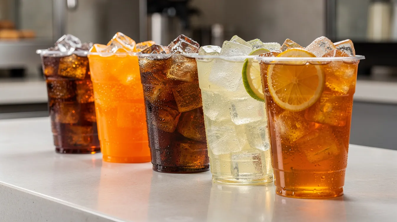 The image features clear cups filled with fountain drinks and iced tea, both topped with ice, sitting on a counter. This refreshing selection is perfect for pairing with chicken fingers from the Raising Cane's menu, which offers contact-free delivery options for convenient enjoyment at home.