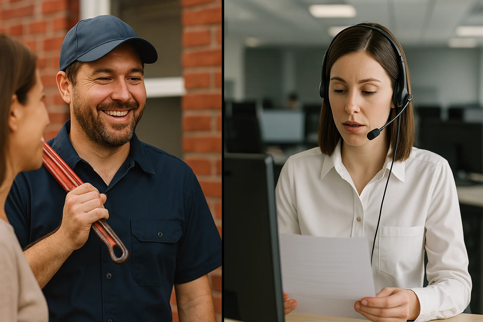 A side-by-side comparison of a local plumber with a customer and a call centre agent on the phone.