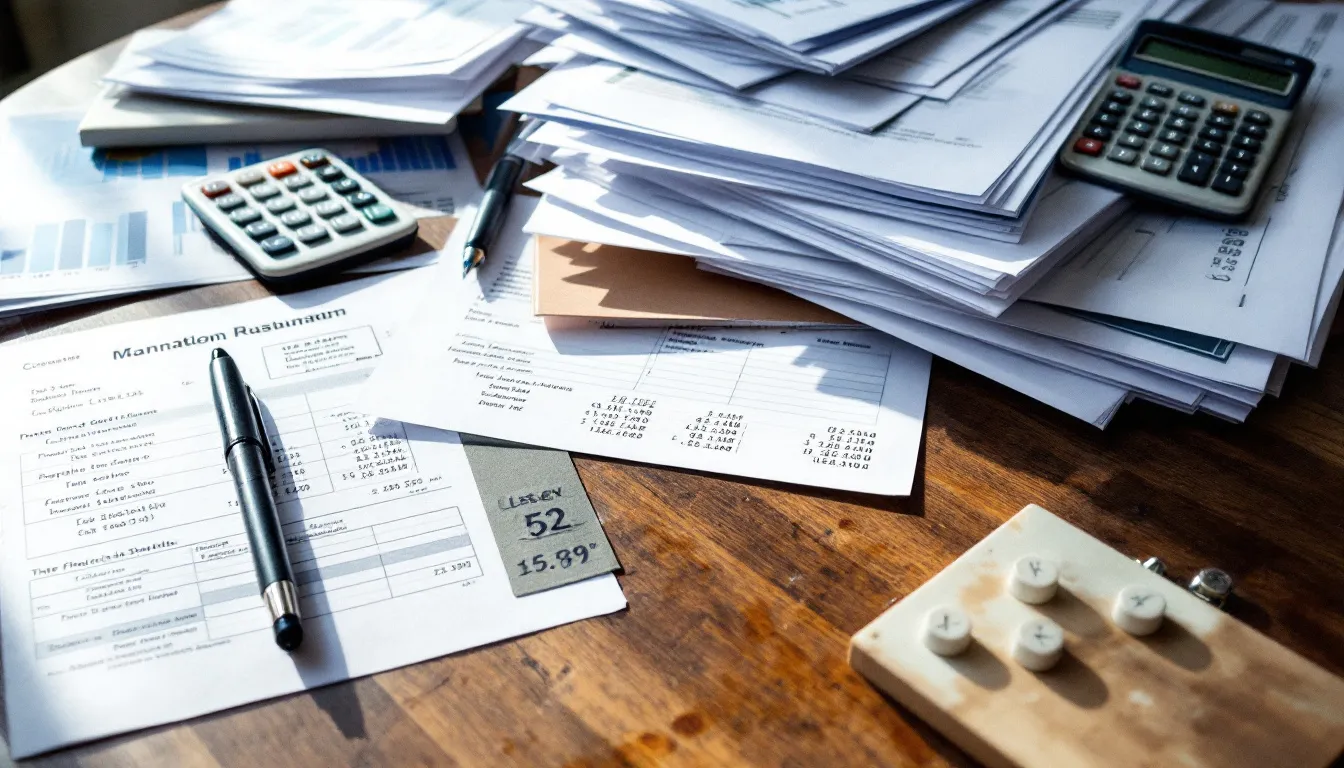 The image depicts a cluttered desk featuring a calculator, various tax documents, and financial statements, symbolizing the process of tax compliance. This arrangement highlights the importance of understanding income tax, capital gains tax, and the benefits of employee ownership schemes for effective financial management.