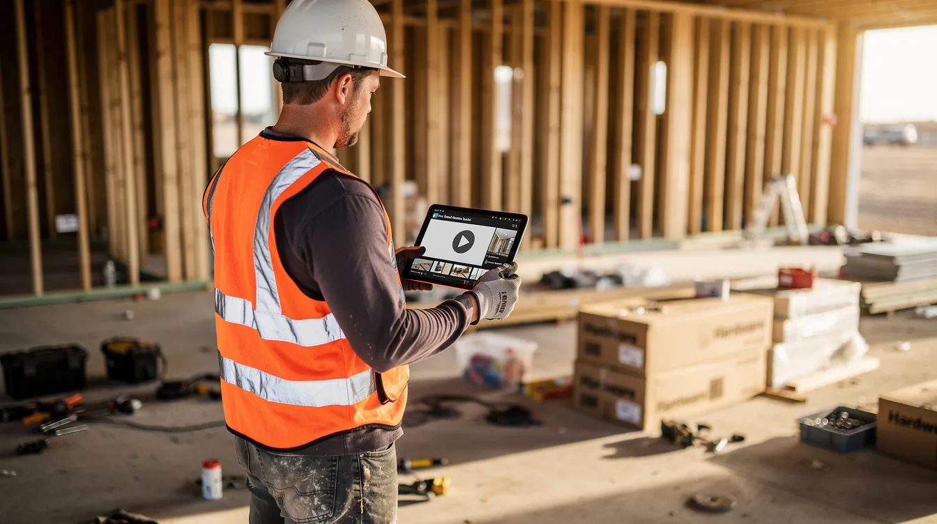 A construction professional is intently watching a product installation tutorial video on a tablet at a job site, showcasing the importance of educational content in the construction industry for improving project outcomes. This scene highlights the role of digital marketing strategies in connecting building material manufacturers with industry professionals and potential customers.
