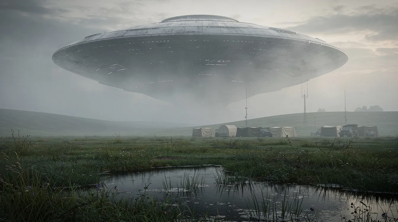 Ein riesiges, dunkles, muschelförmiges Raumschiff schwebt majestätisch in einem tief hängenden Nebel über einer grünen Wiese, während im Hintergrund militärische Zelte und sanfte Hügel zu sehen sind. Diese Szene erinnert an das Science-Fiction-Drama "Arrival", in dem die Menschheit versucht, mit außerirdischen Wesen in Kontakt zu treten.