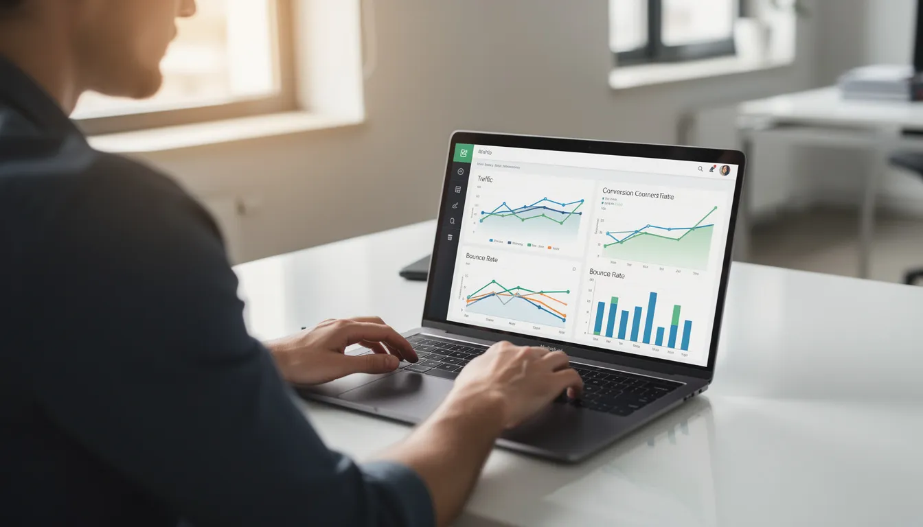 A person is focused on a laptop screen displaying various graphs and metrics related to website analytics, indicating their efforts in search engine optimization and SEO strategy. The visible data suggests a review of SEO consulting services, aimed at improving search engine rankings and increasing organic traffic.