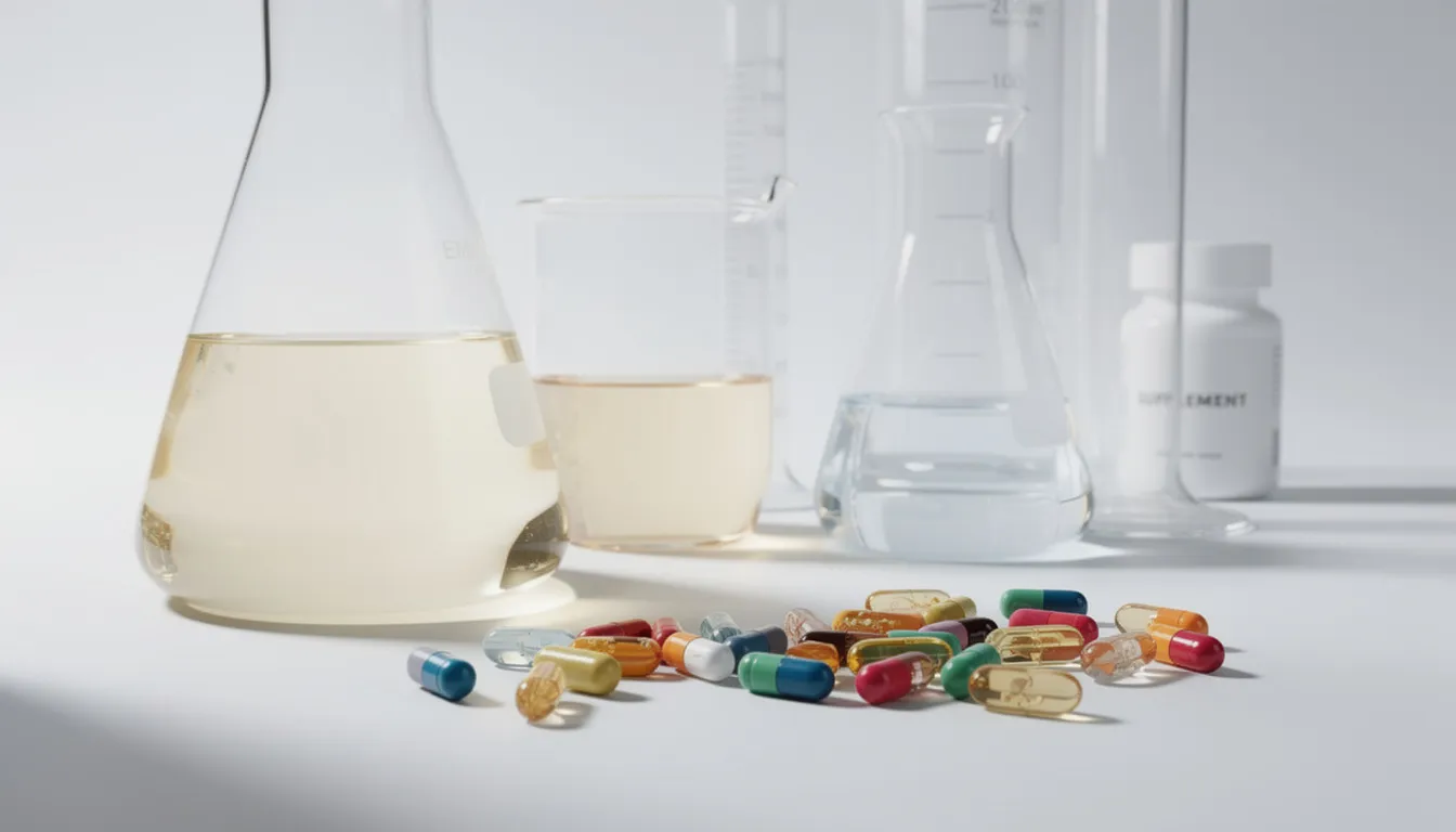 The image features an array of laboratory glassware alongside colorful supplement capsules, all arranged on a clean white surface. This setup suggests a focus on cellular health and the benefits of NMN and TMG supplementation for supporting healthy aging and enhancing cellular energy production.