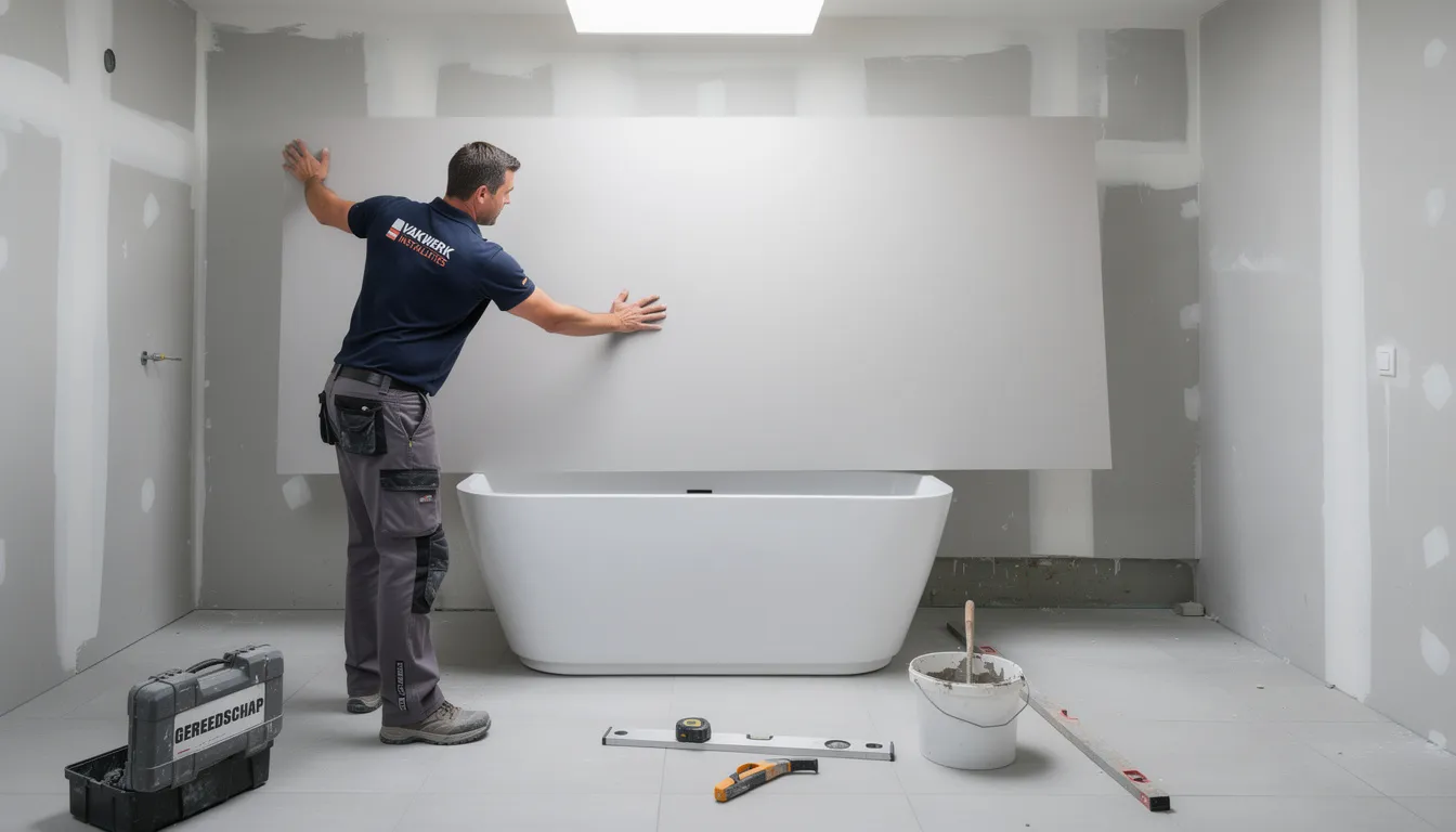 Een vakman drukt een grote wandplaat tegen de muur van een badkamer tijdens de montage, waarbij hij gebruik maakt van duurzame wandpanelen die volledig waterdicht zijn. Deze moderne wandbekleding biedt een luxe uitstraling en is uitermate geschikt voor vochtige ruimtes zoals douches en badkamers.