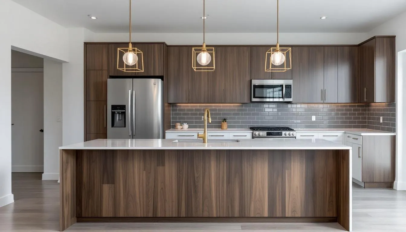 The image depicts a modern kitchen featuring a spacious island with stylish pendant lighting above. This dream kitchen showcases custom cabinets, ample countertop space, and contemporary kitchen appliances, making it ideal for both cooking and entertaining.