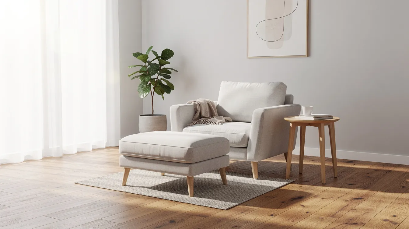 En ljus beige fåtölj med matchande fotpall står i ett skandinaviskt vardagsrum med trägolv, vilket ger en bekväm och stilren känsla. Fåtöljen erbjuder både komfort och elegans, perfekt för avkoppling i hemmet.