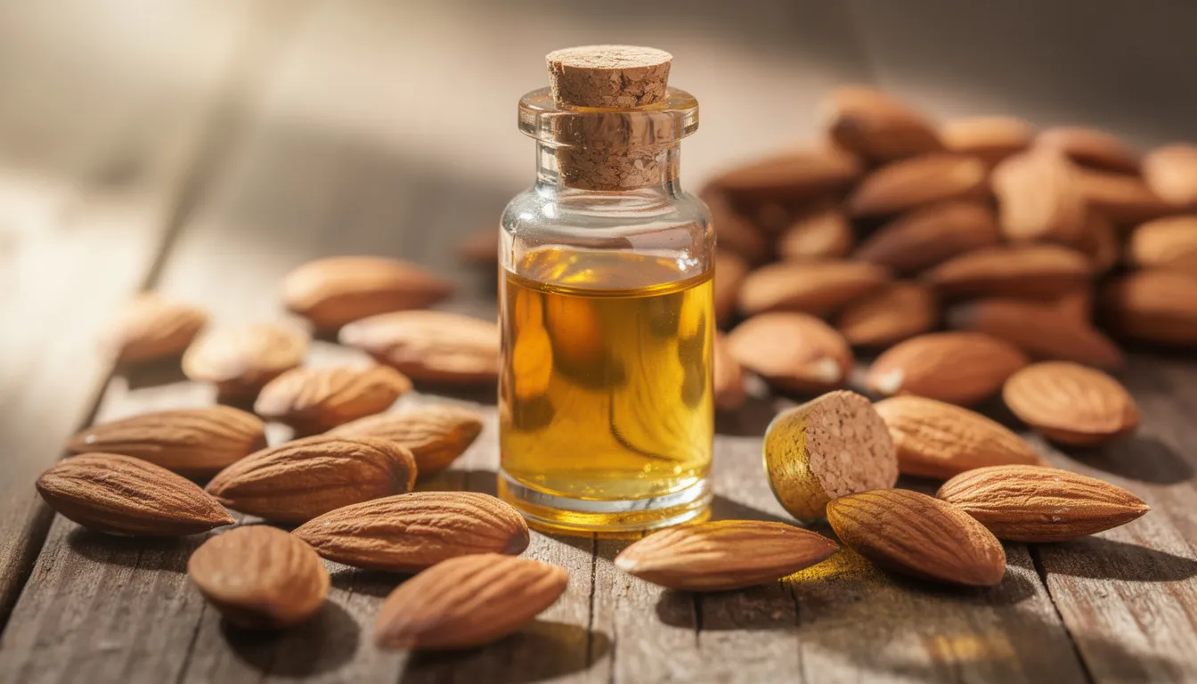 A glass bottle of golden almond oil sits elegantly on a wooden surface, surrounded by whole raw almonds, showcasing the oil's rich, light texture and health benefits for skin and hair. This nourishing oil, often used in skincare routines, is known for its moisturizing and soothing properties.