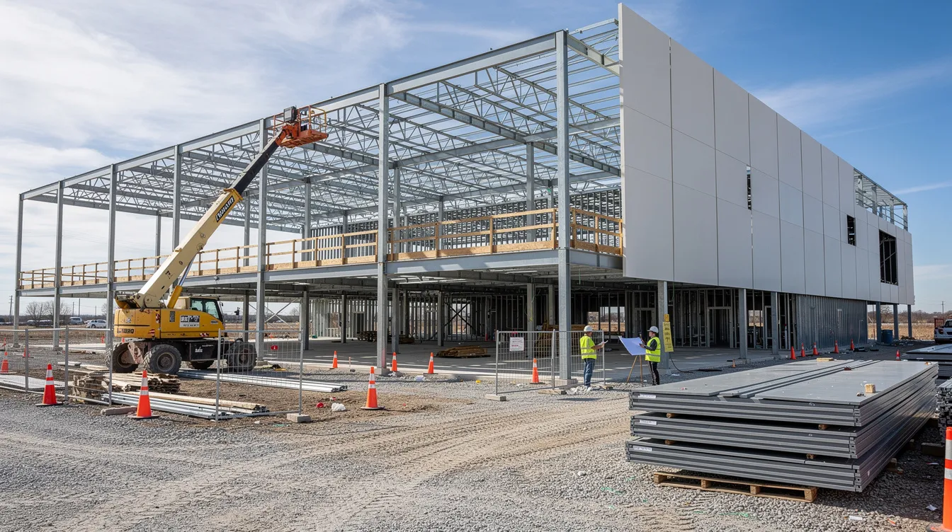 The image shows a bustling construction site featuring steel framing and partially installed wall panels of a commercial building, highlighting the ongoing manufacturing operations essential for industrial companies. This scene exemplifies the dynamic environment where manufacturing website designs can showcase key elements of business growth and attract potential customers.