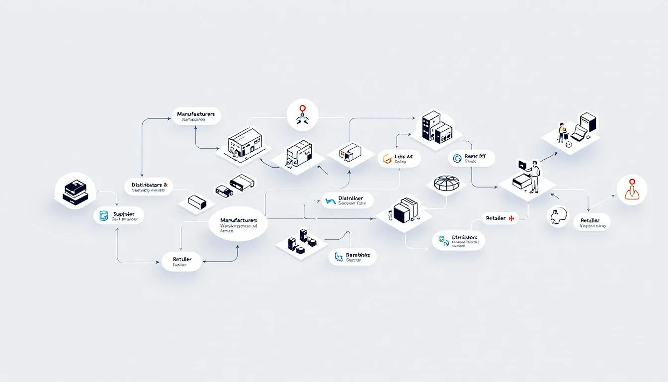 In the image, various elements of a supply chain are depicted, including a production line with workers assembling products, raw materials being processed, and a production schedule displayed on a screen, illustrating the production scheduling process to optimize efficiency and meet customer demands. The scene emphasizes the importance of resource allocation and effective production planning in the manufacturing process.