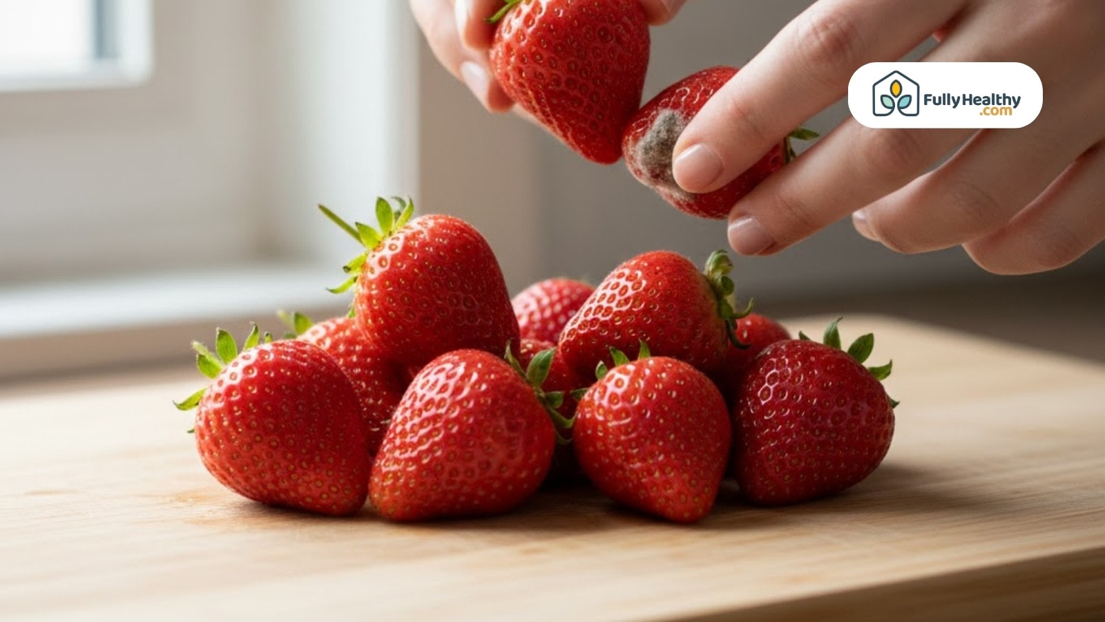 Hand removing moldy strawberry from pile of fresh strawberries on cutting board