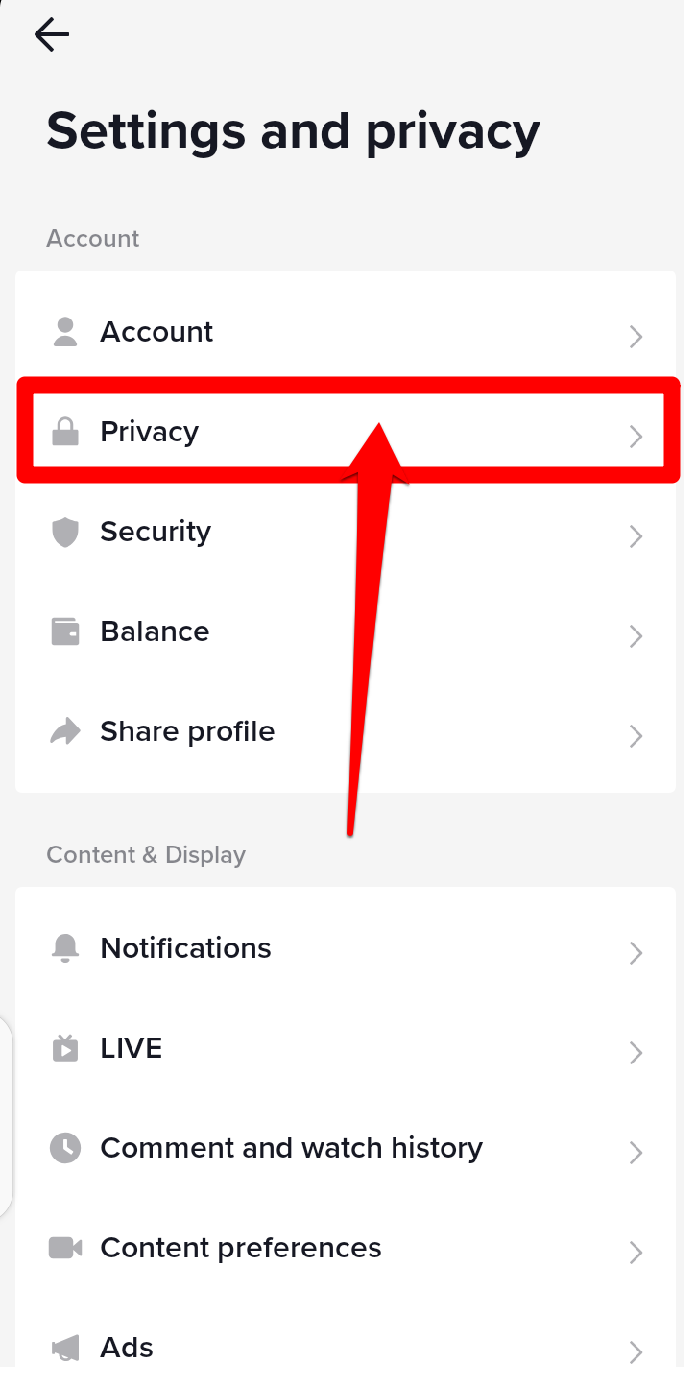 Image showing the privacy tab on TikTok
