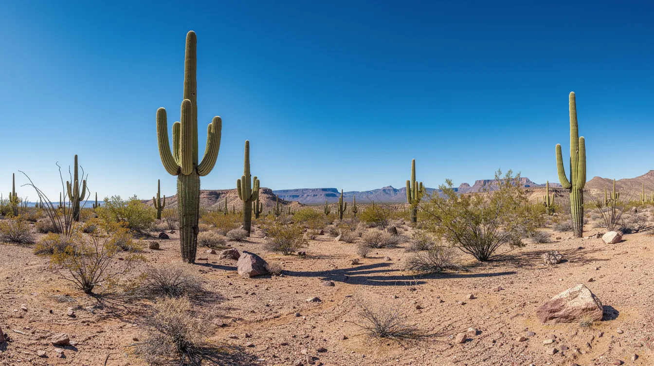 A wide landscape photo captures the vast Arizona desert, featuring iconic saguaro cacti set against a clear blue sky. This serene environment highlights the natural beauty of Arizona, where discussions about the legal status of cannabis, including thca legal in Arizona, continue to evolve alongside its vibrant landscape.