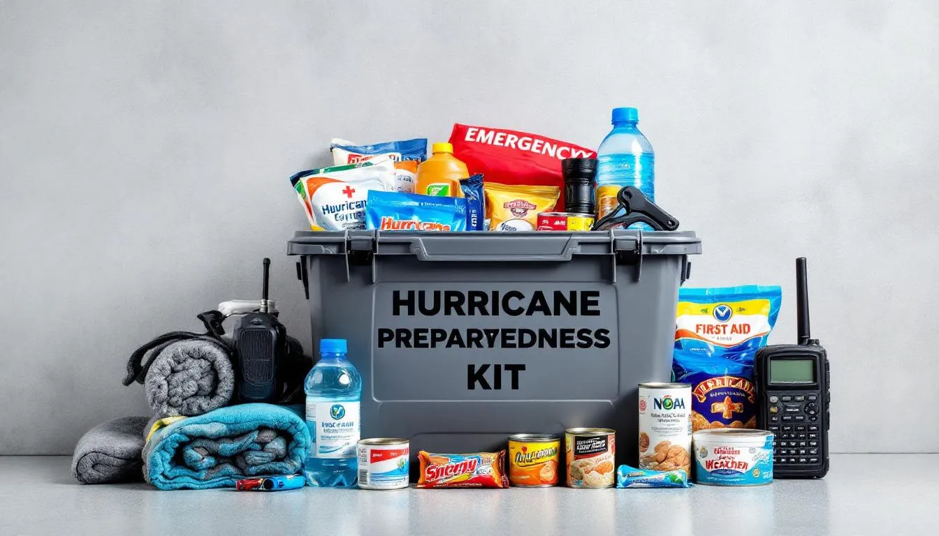 An emergency kit is displayed, filled with essential supplies for hurricane preparedness in Florida, including non-perishable food, water, flashlights, and a first aid kit. This collection is crucial for residents to ensure safety during hurricane season, especially in hurricane-prone areas where strong winds and flooding can occur.