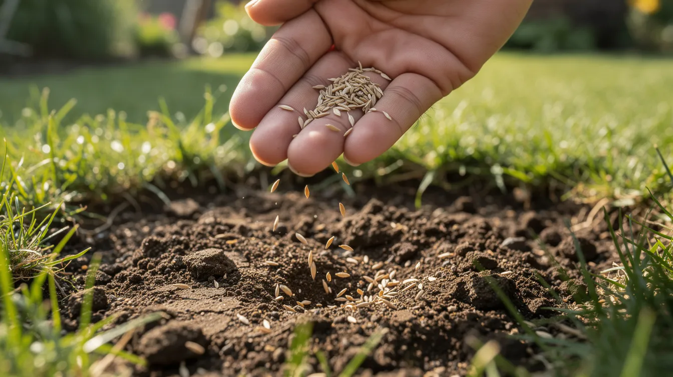 A person is hand scattering grass seed over a bare patch of dark brown soil in a garden lawn, aiming to promote healthy grass growth and fill in the empty areas. This lawn treatment is essential for achieving a lush, green lawn and preventing weeds from taking over.