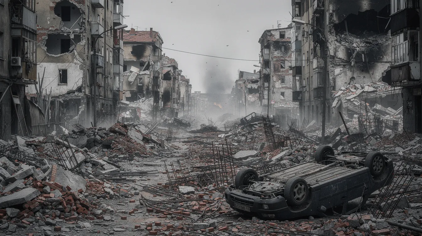 Na obrazie przedstawione są ruiny miasta po bombardowaniu, z widocznym gruzem i zniszczonymi budynkami, co odzwierciedla tragiczne skutki II wojny światowej. Scena ukazuje zniszczenia, kt&oacute;re miały miejsce w czasie konfliktu, będącego tematem wielu sprawdzian&oacute;w z historii w klasie 8.