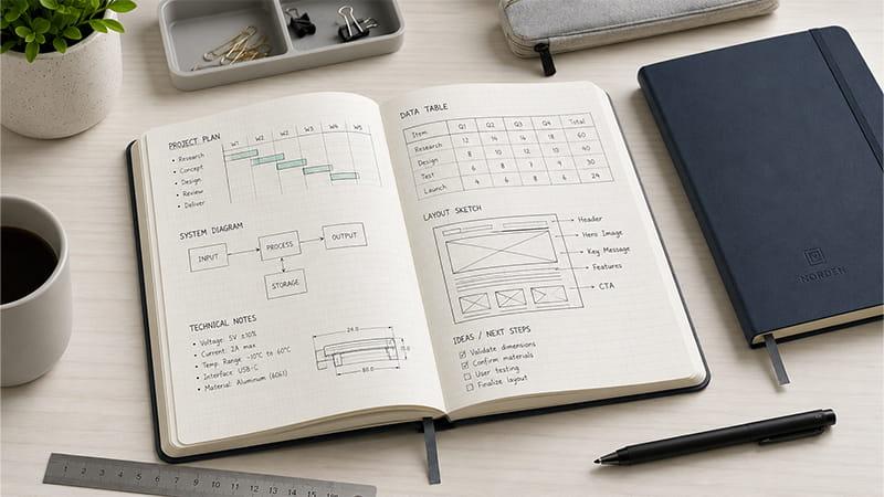 Grid notebook with diagrams, measurements, tables, and rough layouts