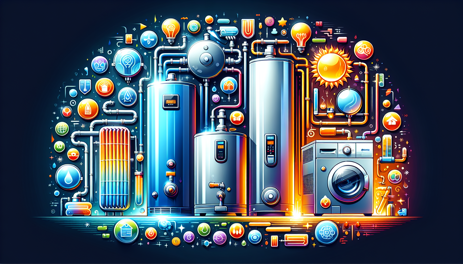 Illustration showing various types of hot water storage systems.