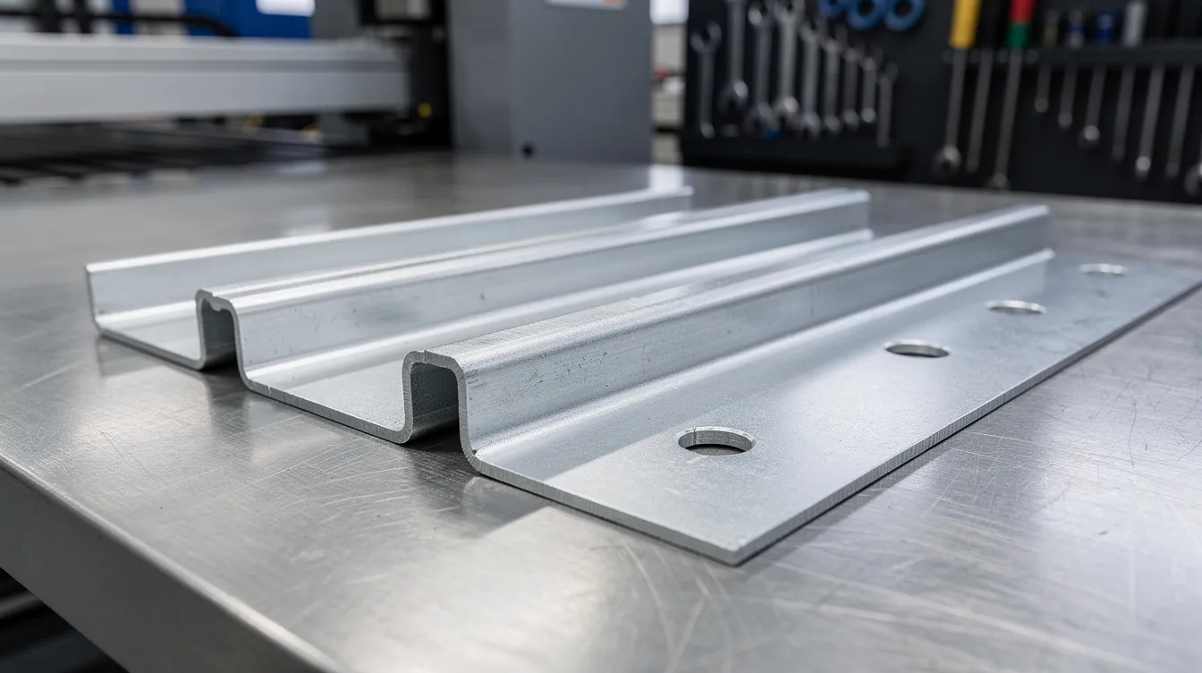 A close-up view of precisely formed sheet metal parts is displayed on a metal workbench in a factory setting, showcasing high precision and attention to detail in the sheet metal fabrication process. These components reflect the careful design phase, ensuring tight tolerances and uniform wall thickness for successful sheet metal design.
