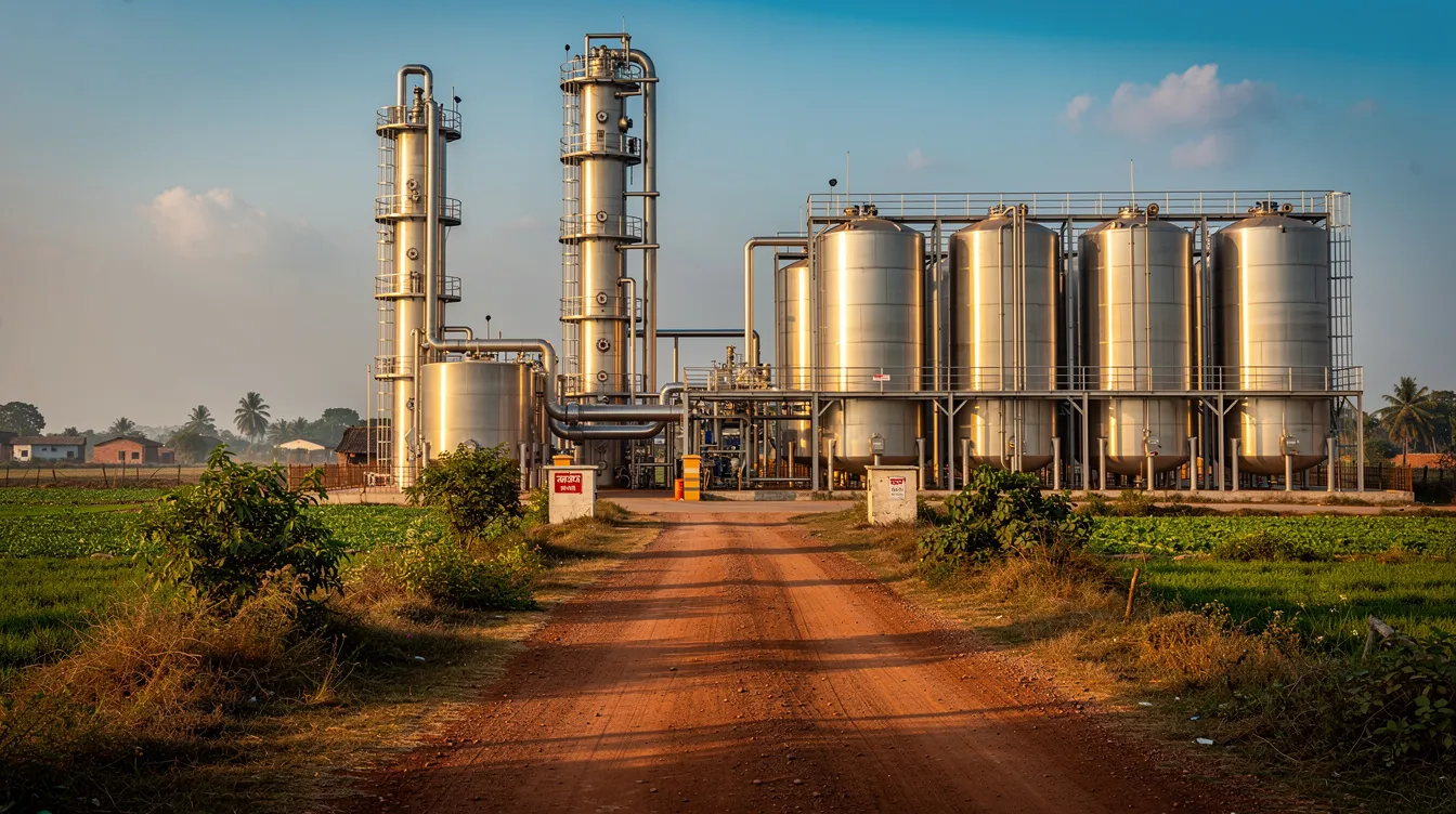 9296f68a eb81 46ff b6d3 777330c6bba5 The image depicts an industrial ethanol distillery situated in a rural Indian landscape, featuring large stainless steel storage tanks and processing columns. This facility plays a crucial role in India's ethanol production capacity, contributing to the country's ethanol blending programme aimed at reducing crude oil imports and enhancing energy security.