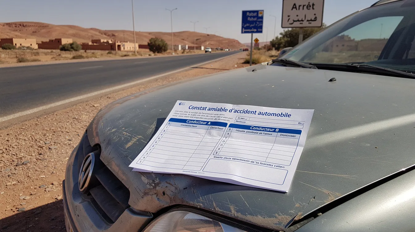 L'image montre un véhicule accidenté garé en bord de route au Maroc, avec un constat de l'accident posé sur le capot. Ce constat contient des informations essentielles pour le locataire concernant les modalités de l'accident et les démarches à suivre.