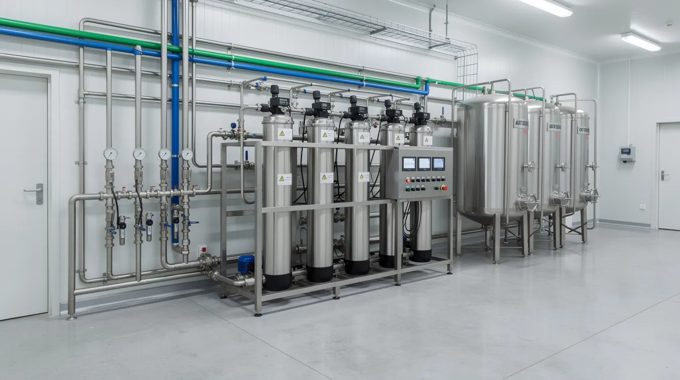 The image depicts a realistic water treatment system designed for a pharmaceutical manufacturing company, showcasing advanced technologies such as reverse osmosis and filtration methods to ensure the removal of harmful chemicals and contaminants. This system emphasizes the importance of proper treatment processes to maintain water quality and compliance with environmental regulations in the pharmaceutical industry.