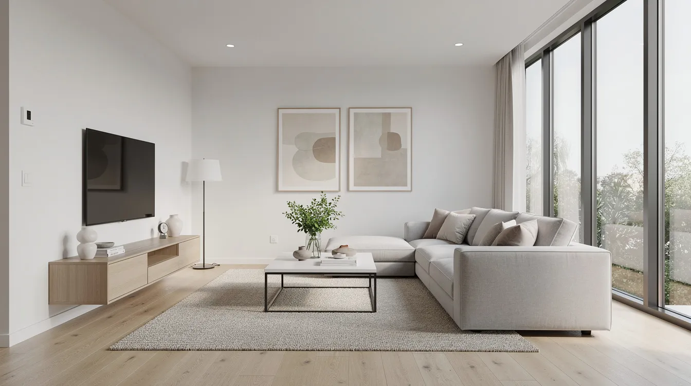The image depicts a professionally staged modern living room featuring neutral colors and abundant natural light, creating an inviting atmosphere ideal for showcasing properties in the real estate market. This stylish space highlights the potential for flipping houses, appealing to real estate investors looking to maximize resale value and attract buyers.