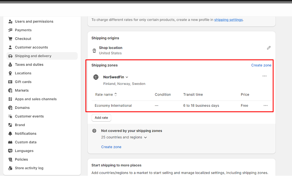 Shopify dashboard - Shipping and delivery settings - Setting the shipping to free