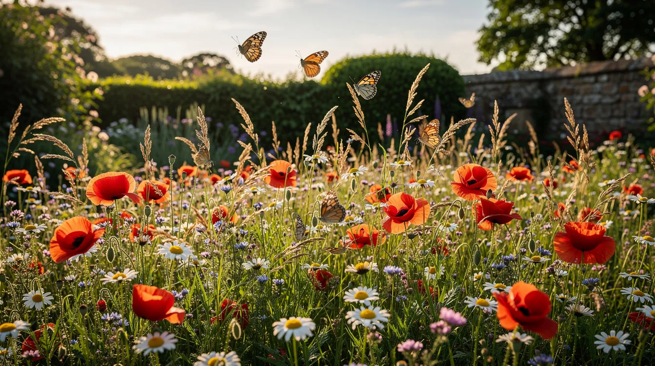 The image depicts a vibrant wildflower meadow in full bloom, showcasing a variety of flowering plants such as poppies and daisies, while butterflies flutter gracefully among them. This picturesque UK garden setting features lush green grass, creating a perfect habitat for local wildlife.