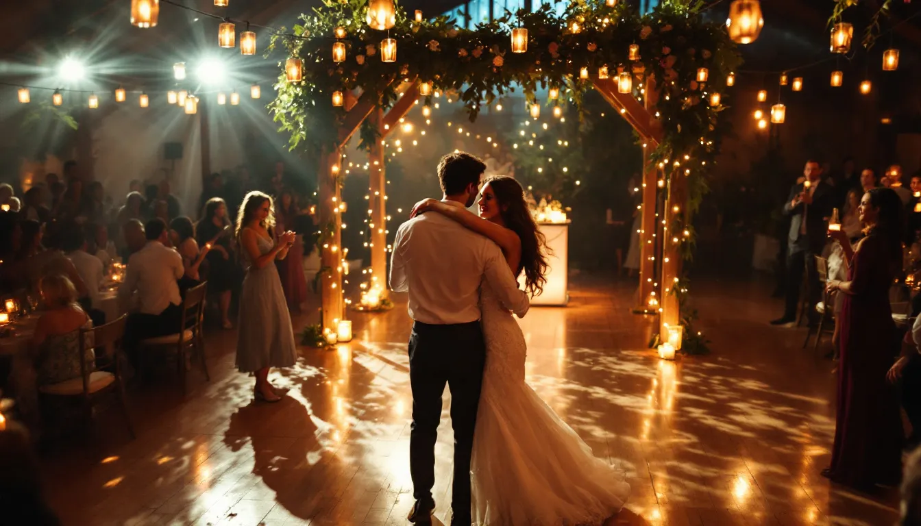 A vibrant wedding dance floor filled with couples celebrating to pop wedding love songs.